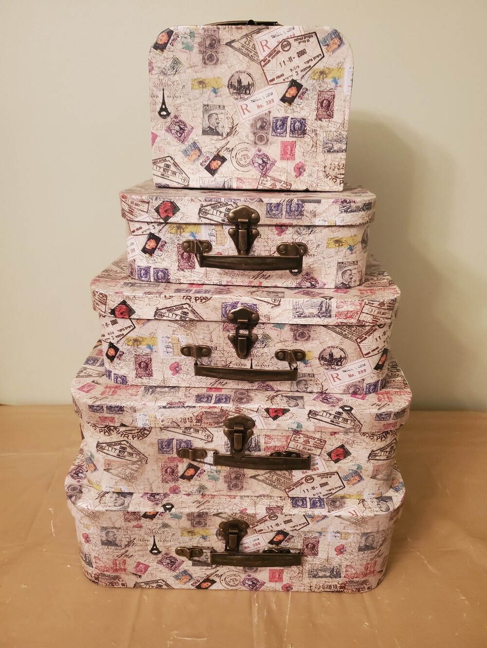 Vintage-like Stackable Suitcase Storage Boxes- Cream with Multicolor Stamps
